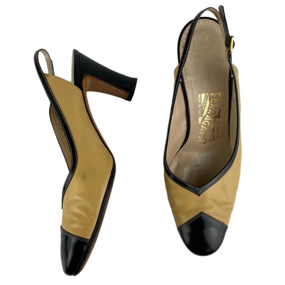 Vintage Salvatore Ferragamo Sling-back Black Tan Career Heels 8B Made In Italy - Picture 1 of 15